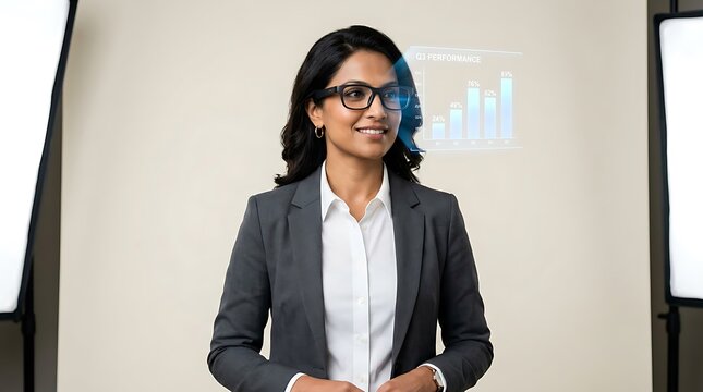 Professional woman in office setting wearing mask.