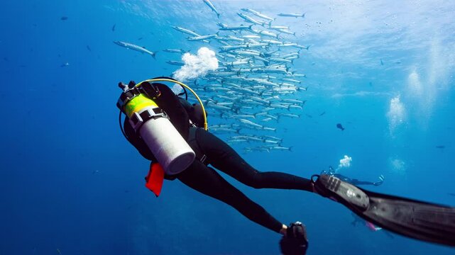 Underwater shot of large school of Barracuda and SCUBA Divers swimming in open blue tropical water of Palau Marine Sanctuary