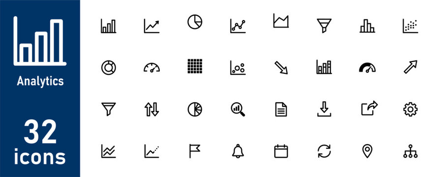 Analytics Icons: Bar Charts, Line Graphs, Pie Charts, Filters, Downloads & Gears