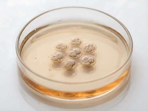 Petri dish with bacterial colonies in laboratory setting.