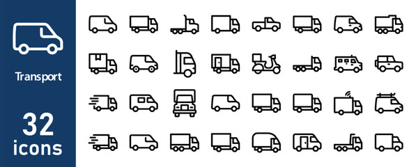 Transport icons featuring various types of trucks, vans, cars, and scooters. © liubomir118809