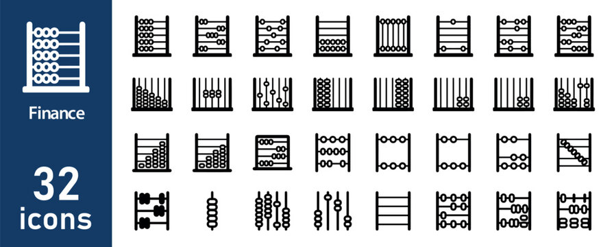 Finance icons: abacus, counters, charts, graphs, statistics
