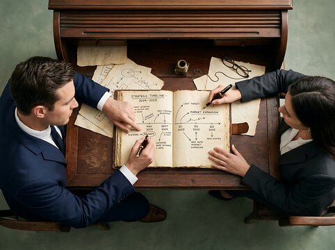 Business partners reviewing documents at wooden desk.