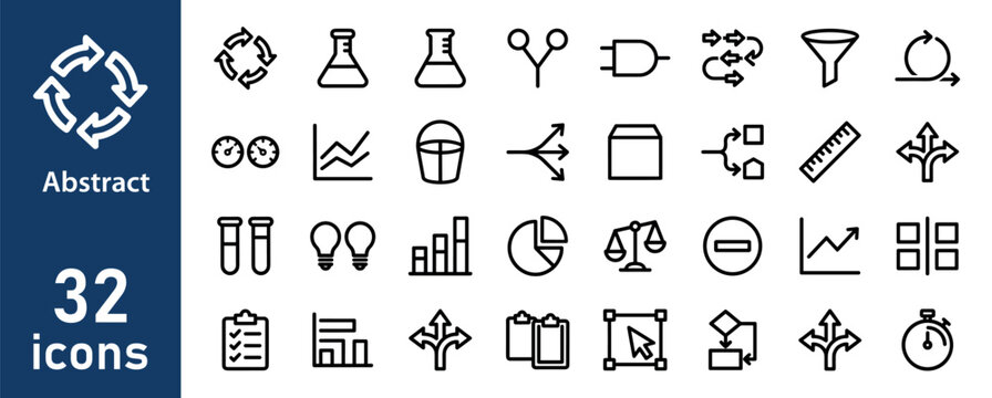 Abstract icons: cycles, flasks, graphs, tools, arrows, charts