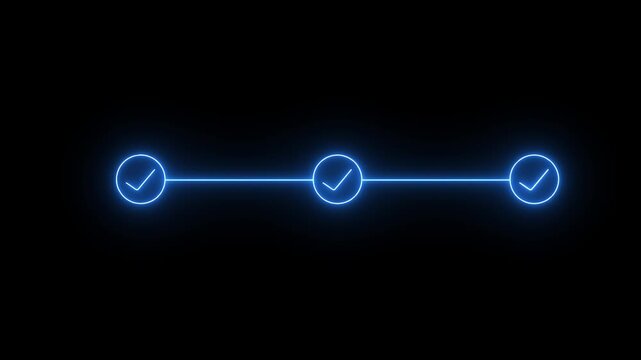 Blue neon light 3 step info-graphic process with check mark icon animation. Neon bright step-by-step process and check marks. icon animation on black ...