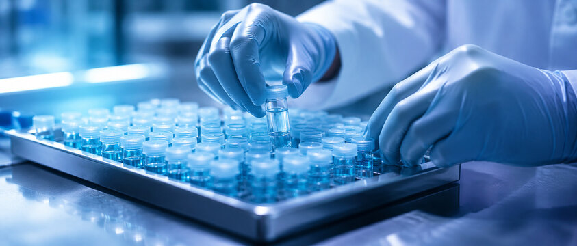 AI generated pharmaceutical sample processing laboratory sterile vial handling quality control testing biotechnology manufacturing scientific research