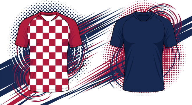 Vector sports jersey template featuring checkered pattern shirt with abstract halftone geometric dynamic backgrounds for uniform design