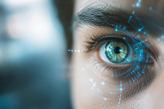 AI generated human eye enhanced by digital interface technology showcasing artificial intelligence biometric analysis innovation cybersecurity data visualization future vision