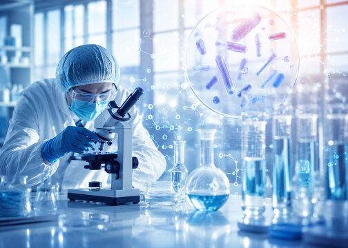AI generated microbiology laboratory research featuring scientist using microscope bacterial analysis molecular science biotechnology innovation healthcare discovery