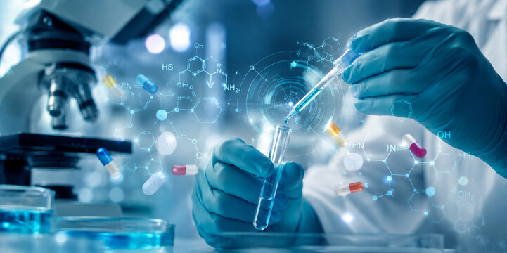 AI generated pharmaceutical biotechnology research microscope pipette sample testing featuring molecular diagnostics drug development medical innovation