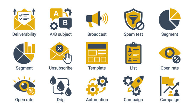 Email Marketing Icons Set: Deliverability, A/B Test, Broadcast, Spam, Segment, Unsubscribe, Template, List, Open Rate, Drip, Automation, Campaign