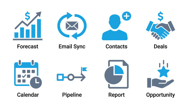 Business Icons Set: Forecast, Email, Contacts, Deals, Calendar, Pipeline, Report, Opportunity