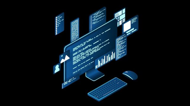 Isometric 3D computer workstation with glowing software programming code on virtual screens.