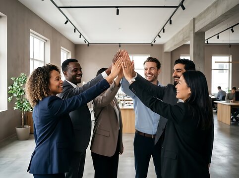 Team Celebrating Success in Modern Office Space.
