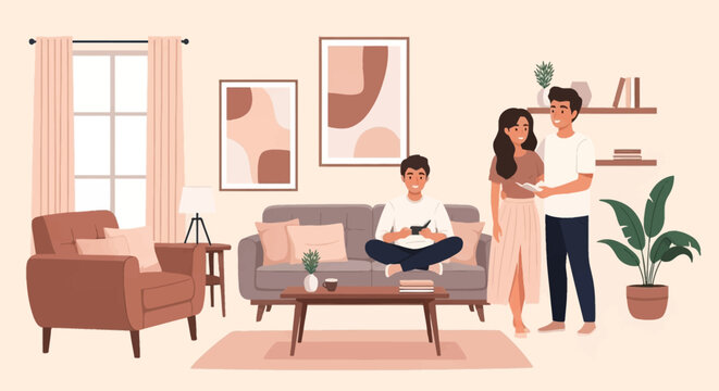 Flat vector illustration of three people in a minimalist living room; a man sits cross-legged on a sofa while a young couple stands nearby looking at a book together in a warm space.
