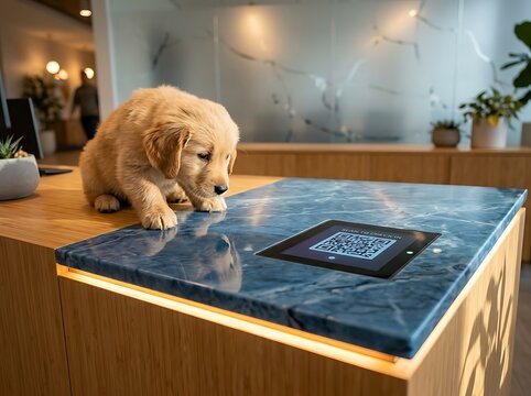 Golden retriever resting on wooden desk near laptop.
