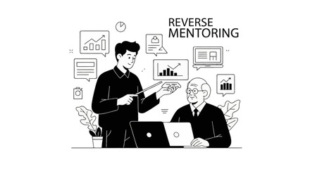 Naklejka premium Reverse mentoring vector illustration of young professional teaching senior colleague at laptop with business data charts, analytics icons, and line art on white background.