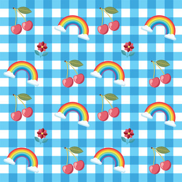 Repeating Cherry Rainbow Floral Pattern on bBlue sky and White Checkered Print

