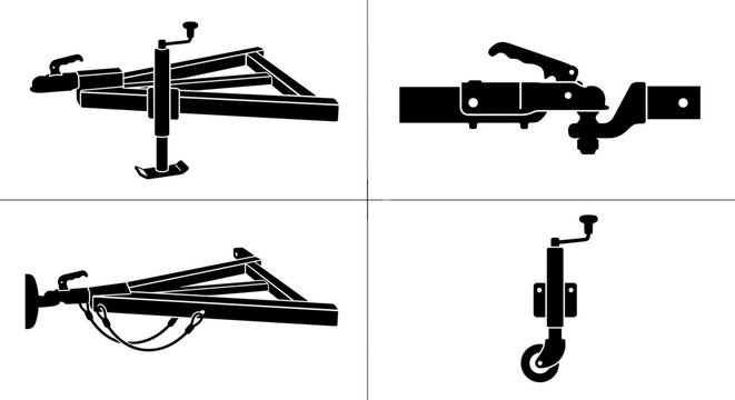 Car trailer hitch and towing equipment silhouettes set