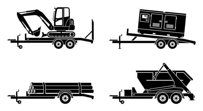 Car trailer set carrying excavator generator pipes and skip bin