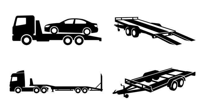 Car trailer and towing truck silhouettes for vehicle transport