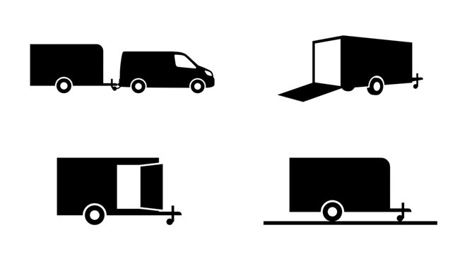 Car trailer icons and van towing silhouette set