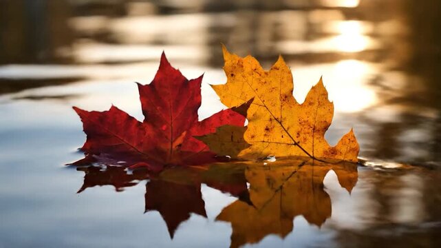 Two colorful autumn maple leaves float on calm water