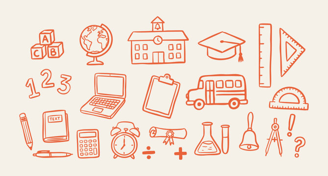 Hand drawn back to school, education and academic elements collection with school bus, building, laptop, clipboard, mathematics symbols, globe and graduation cap vector illustration