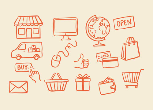 Hand drawn e-commerce, retail and online shopping icon collection with storefront, computer monitor, delivery van, basket, wallet, credit cards and gift box vector illustration