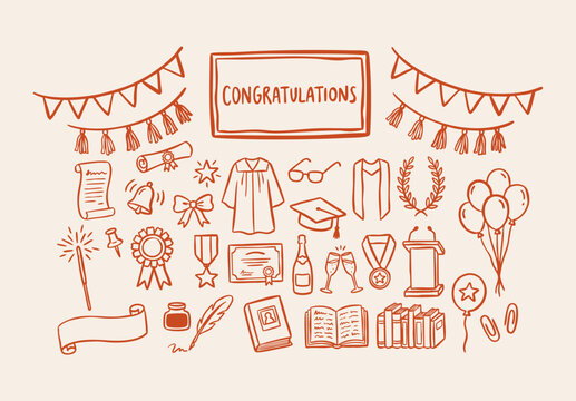 Hand drawn graduation ceremony, academic achievement elements with convocation gown, mortarboard cap, podium, medal, ribbon, badge, diploma scrolls and certificate icons vector illustration