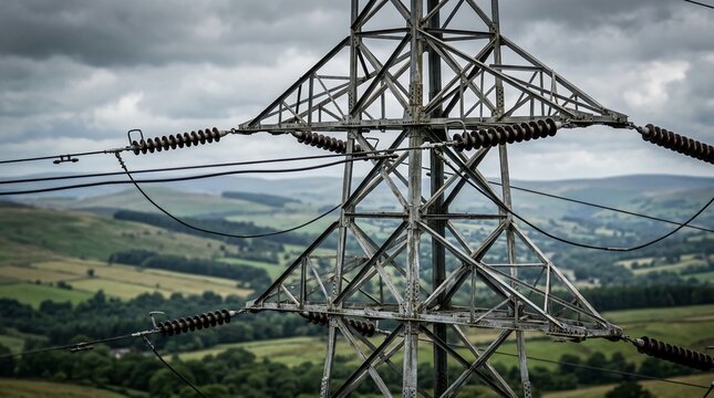 Close up of metal pylon structure with insulators and wires