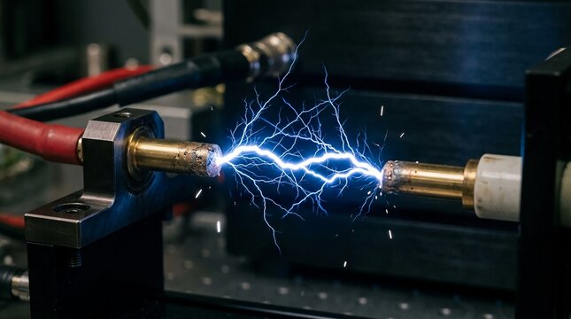 Intense blue electrical arc between metal electrodes in laboratory equipment