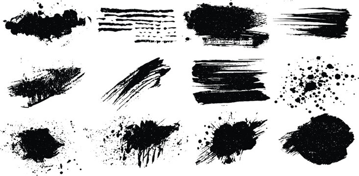 Collection of black ink brush strokes and splatters on white background . Vector grunge brush stokes. Hand drawn spray paint and ink splashes. Grunge artistic black paint stokes