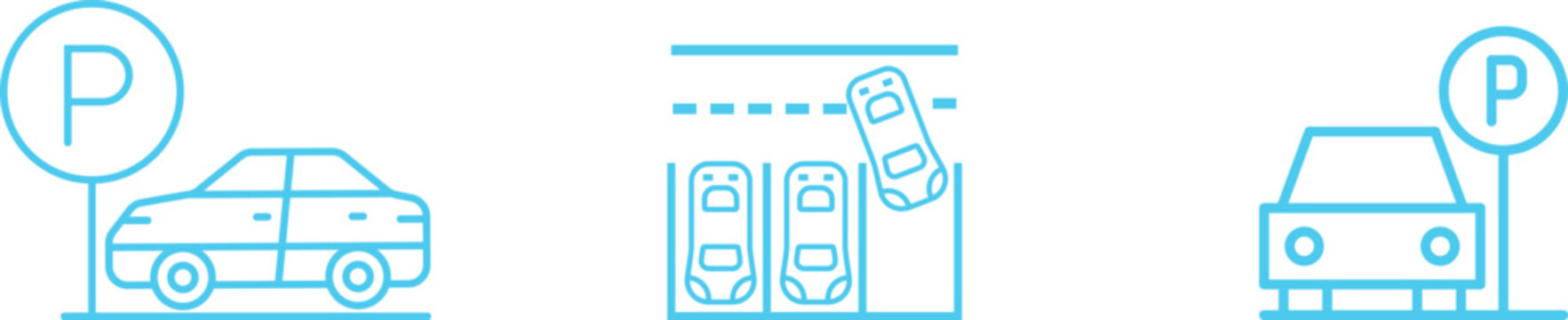 Parking Icon set Vector Transportation Symbol Vehicle Sign Automobile Location Navigation Urban Road Traffic Garage Station Map Minimal Design Set Collection Group.