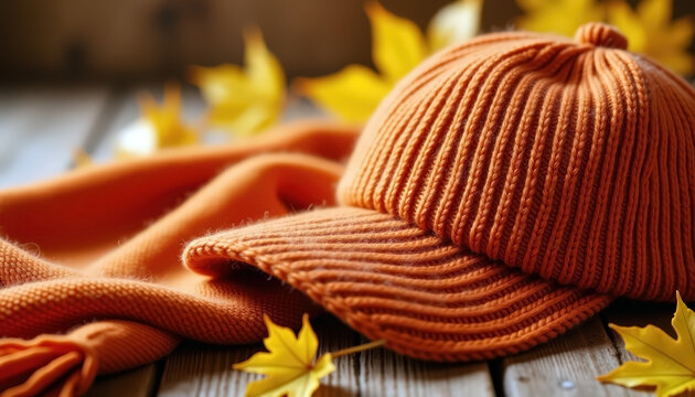 Knitted orange cap and scarf on wooden table among scattered autumn leaves