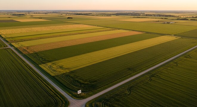 Aerial view of a vast agricultural landscape with patchwork fields and roads at sunset