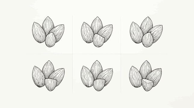 Sketches of almond nut clusters arranged in a grid pattern.
