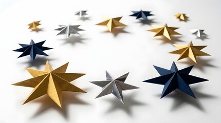 Fototapeta premium Froebel stars arrangement in gold silver and navy blue on white surface
