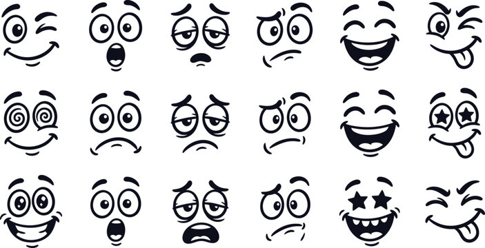 Black and white faces with various expressions and emotions smile frown
