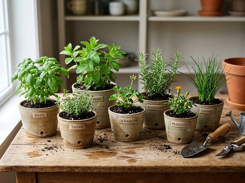 Modern indoor herb garden with potted basil plants.