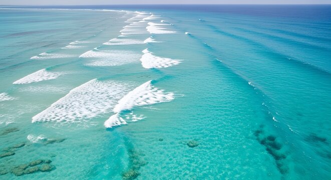 Aerial view of turquoise ocean waves breaking over coral reefs tropical paradise