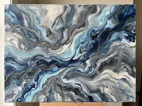 Abstract Blue and Gray Fluid Art Painting.