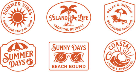 Collection of summer vacation icons with beach and tropical themes in orange © firoz