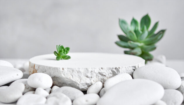 Natural white stone podium, small smooth decorative rocks and tiny green succulent plant. Zen-like composition, blurred background, Scandinavian style. Mock-up. Close-up.