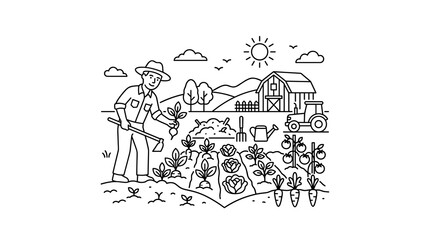 Obraz premium A farmer plants seedlings in a vibrant organic garden near a rustic barn under sunny skies.