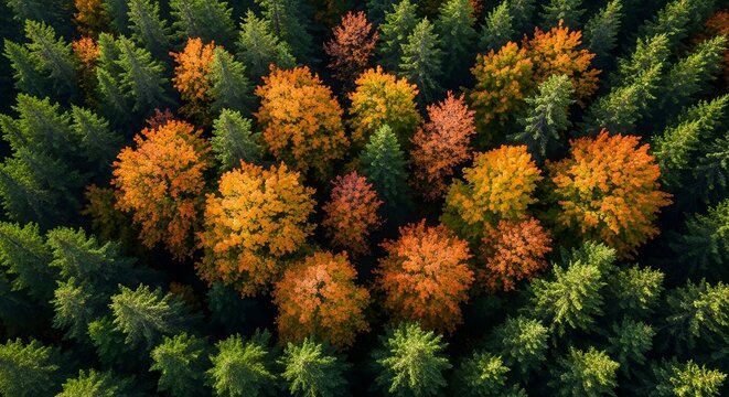 Autumn forest aerial view vibrant fall foliage canopy with mixed deciduous trees