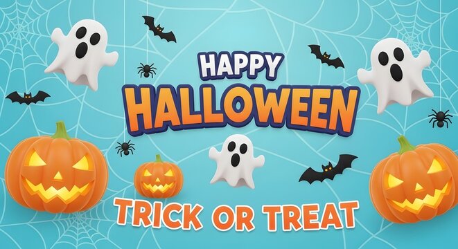 Happy halloween trick or treat spooky night with ghosts pumpkins and bats