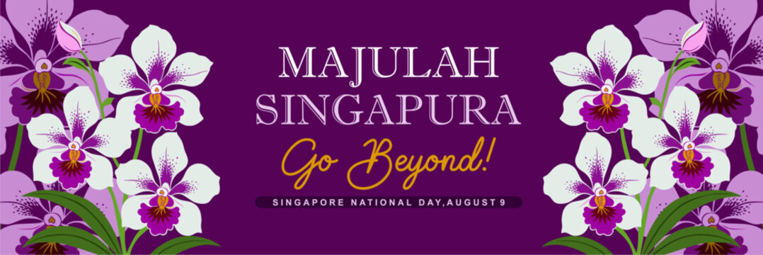 Singapore National Day 2026 panoramic banner template. Features bold 61 typography, national crescent moon emblem, and elegant Vanda Miss Joaquim orchid illustrations on a long horizontal red backdrop