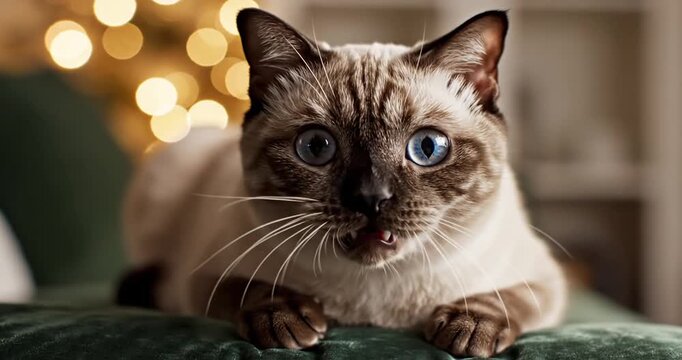 Siamese Cat on Green Cushion Indoors.
