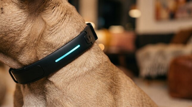 Close-up of a French Bulldog wearing a modern smart dog collar with a glowing LED light strip in a cozy home interior, pet wearable technology and tracking device concept